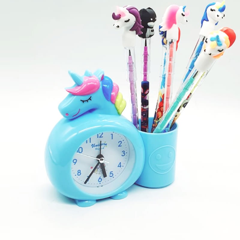 Cute Unicorn Cartoon Desk Alarm Clock with Pen Pencil Stand